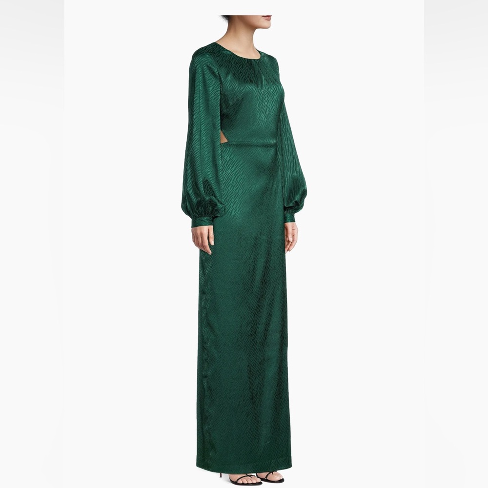 One33 Social Green Satin Long Sleeve Maxi Dress Sz 2 Cutout Formal Evening Gown
